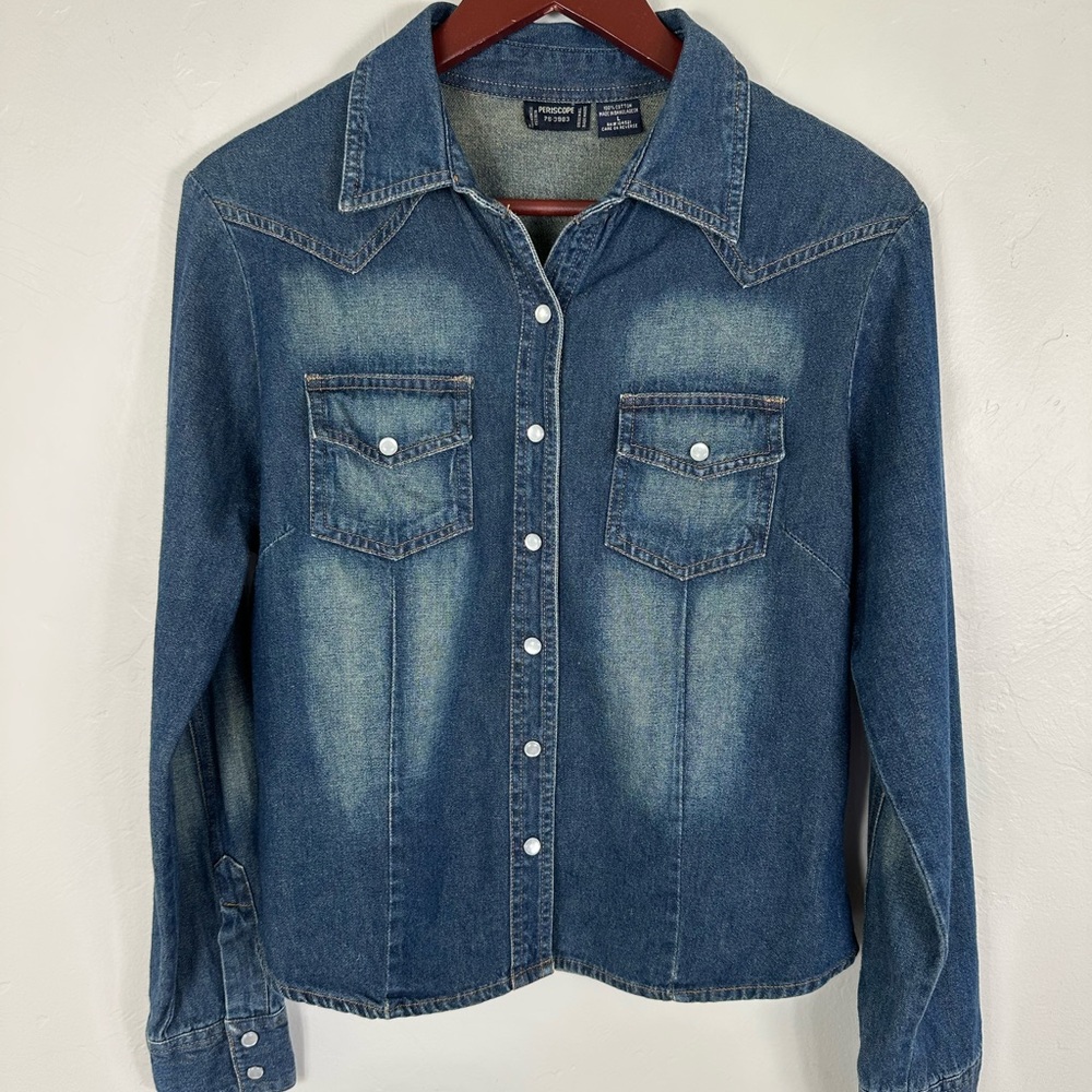 Periscope Classic Blue Denim Snap Pearl Button-Down Long-Sleeve Shirt L